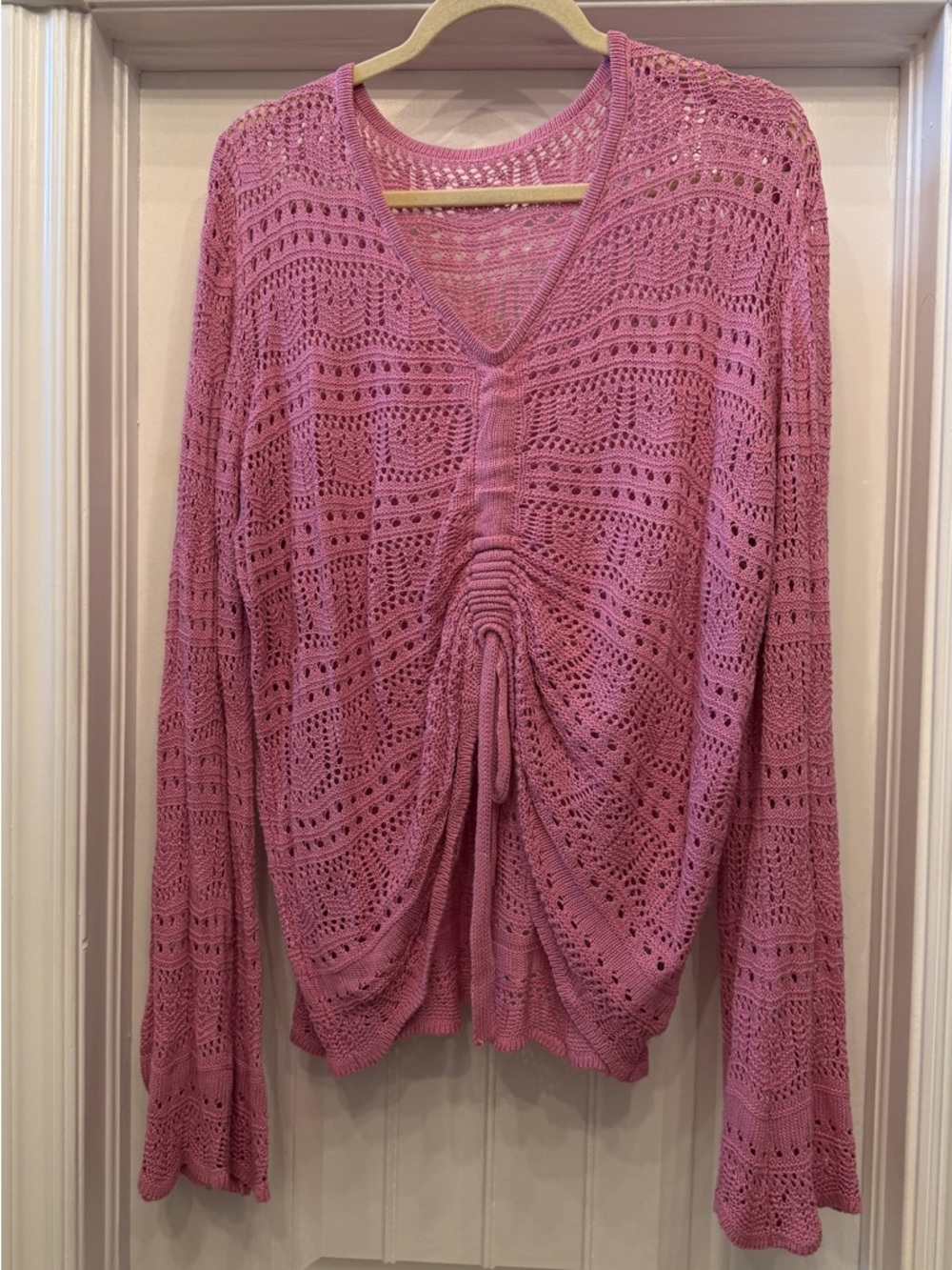 Pink Crochet V-Neck Drawstring Sweater